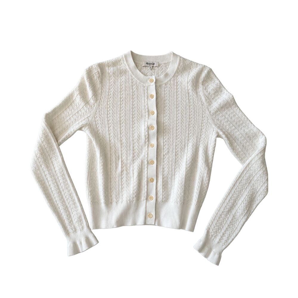 Madewell White Pointelle Button-Front Cardigan Sweater
